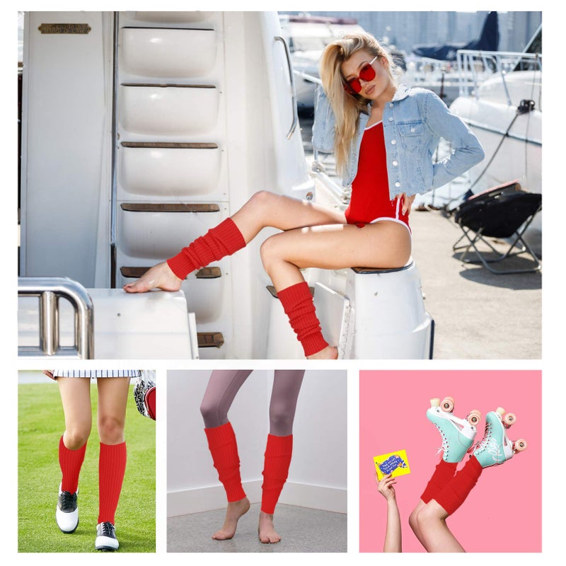 V28 Women Juniors 80s Eighty's Ribbed Leg Warmers for Party Sports (Red &) - Image 3